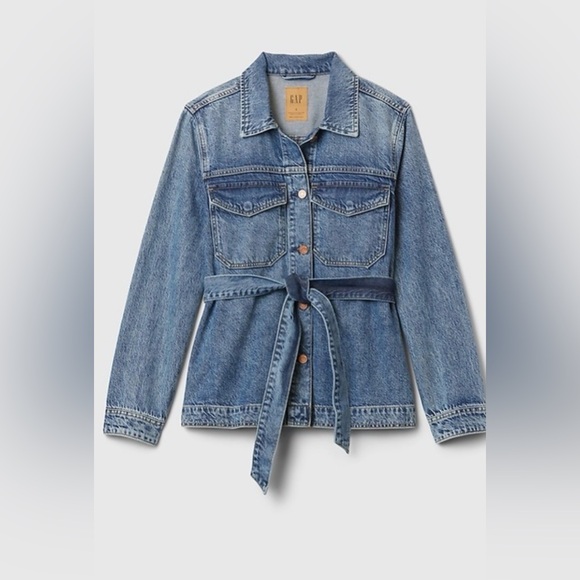 GAP Belted Tencel Blend Denim Jacket Small Tall Washwell NWT - Picture 3 of 13